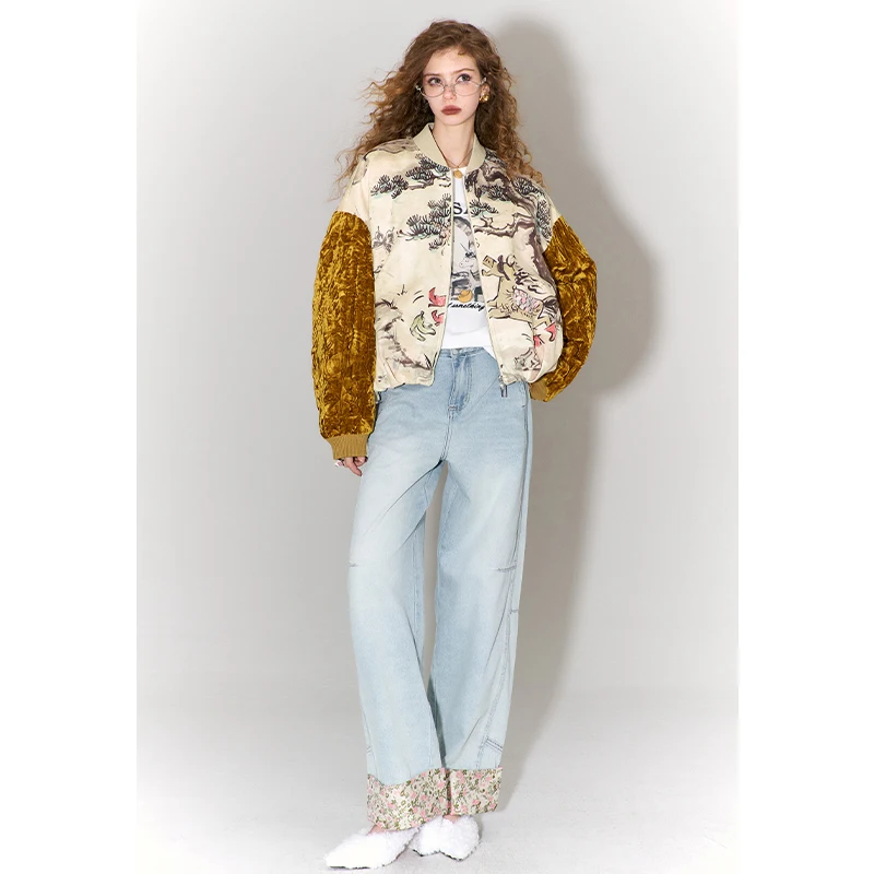 ELFSACK 2026 Oriental Royal Winterjacke für Damen, lockerer Mantel mit Pferdemuster und Samtärmeln, Winteroberbekleidung mit Kiefernmuster