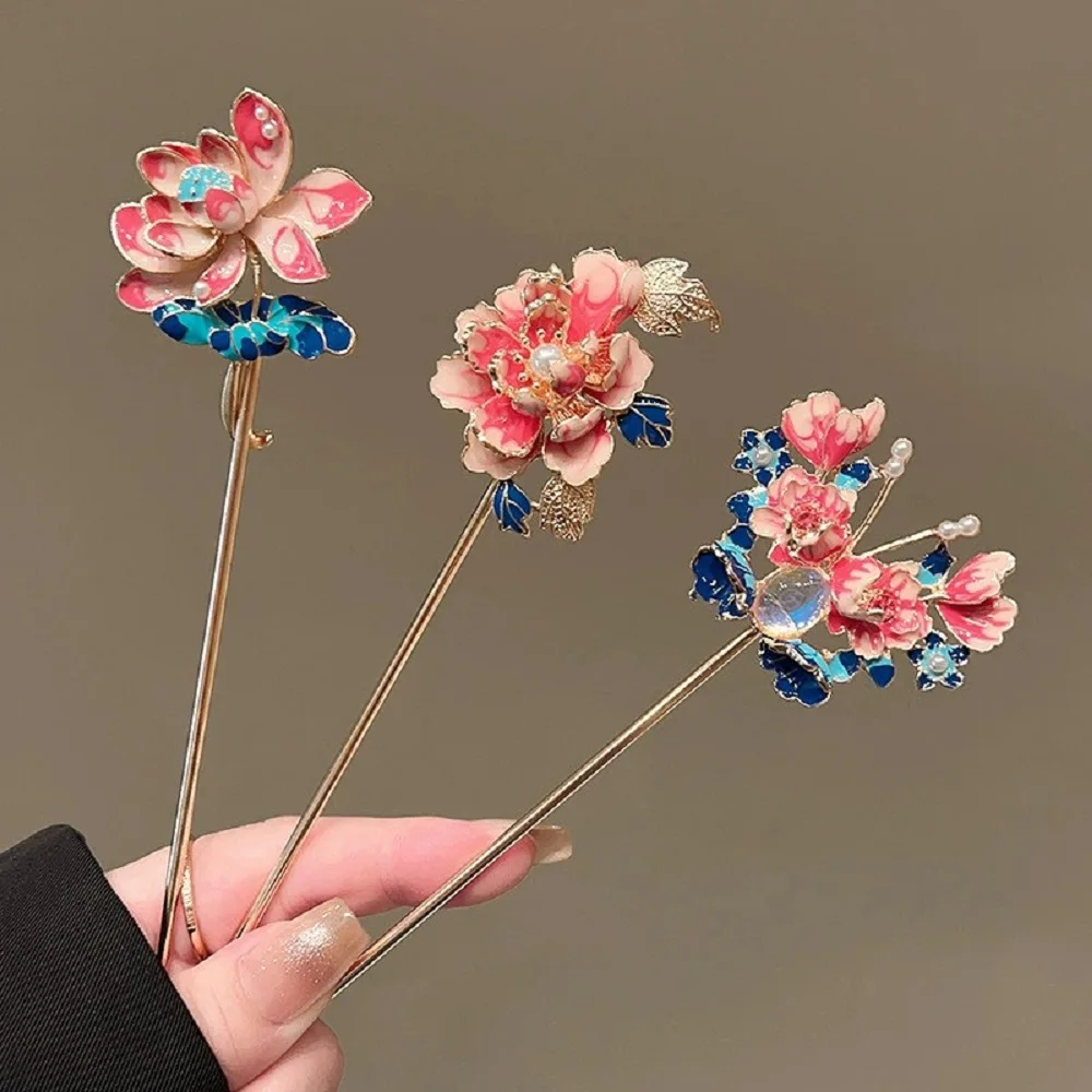 

Винтажная заколка для волос с жемчугом и пионом, китайская заколка для волос в древнем стиле, синяя палочка для волос с бабочкой, розовый головной убор в виде лотоса, элегантный аксессуар для волос