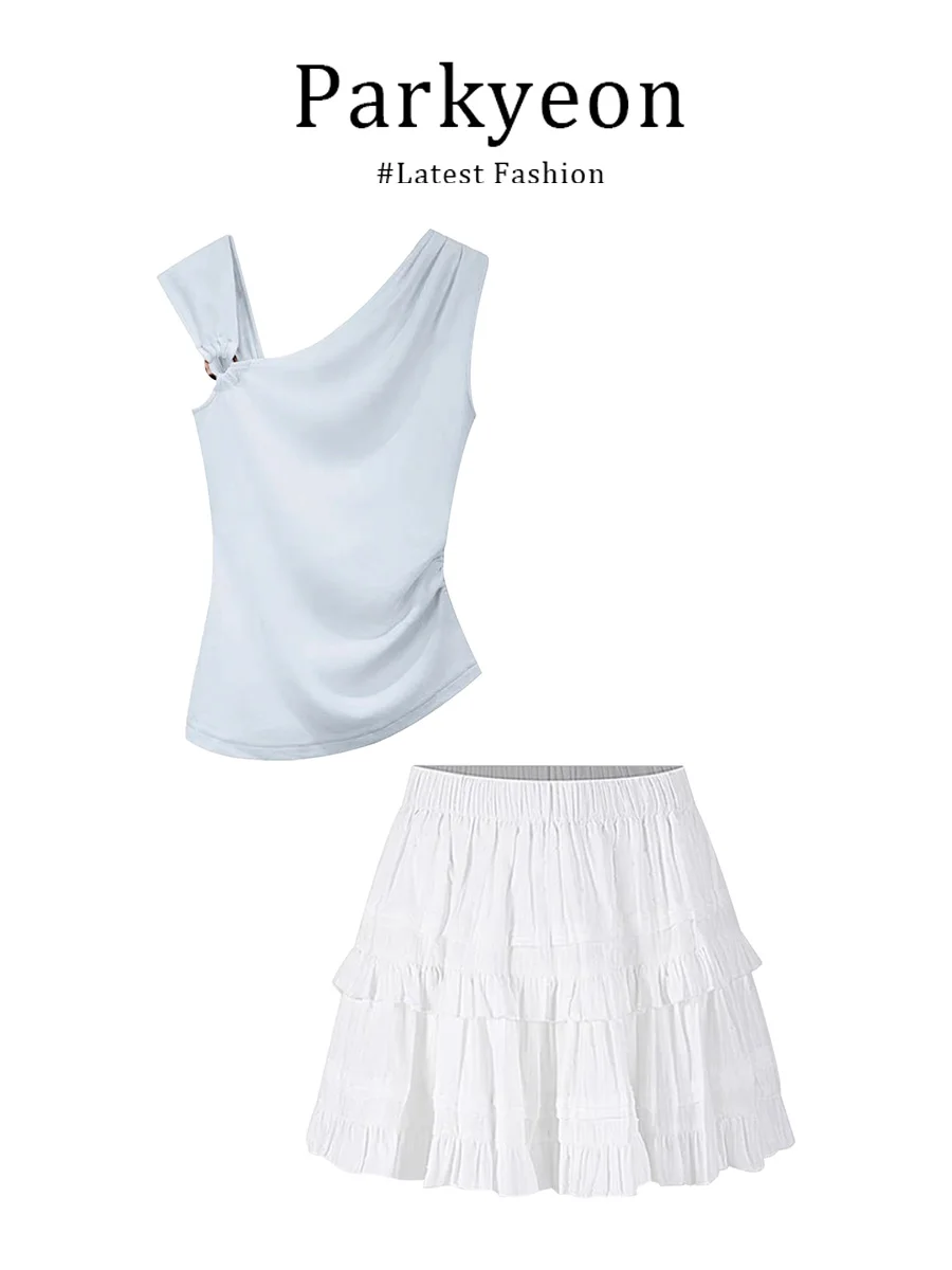 

Parkyeon Korean Style Casual Lace Half Skirt Two-Piece Set Elegant Slant Shoulder Top And Skirt Ensemble for Young Women