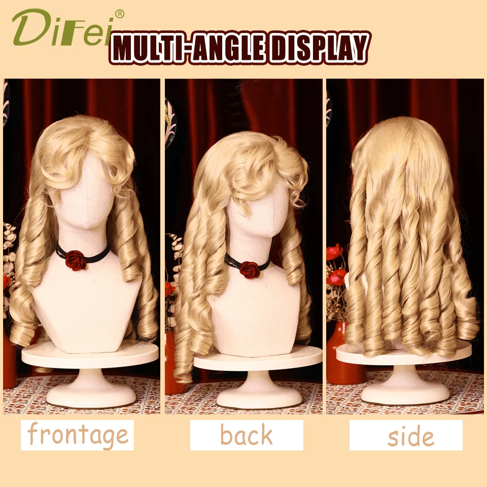 DIFEI Synthetic Wig Gold Lolita Roman Curly Wig Elegant Retro Wig Female lolita Flowers Marry Long Roman Curly Wig