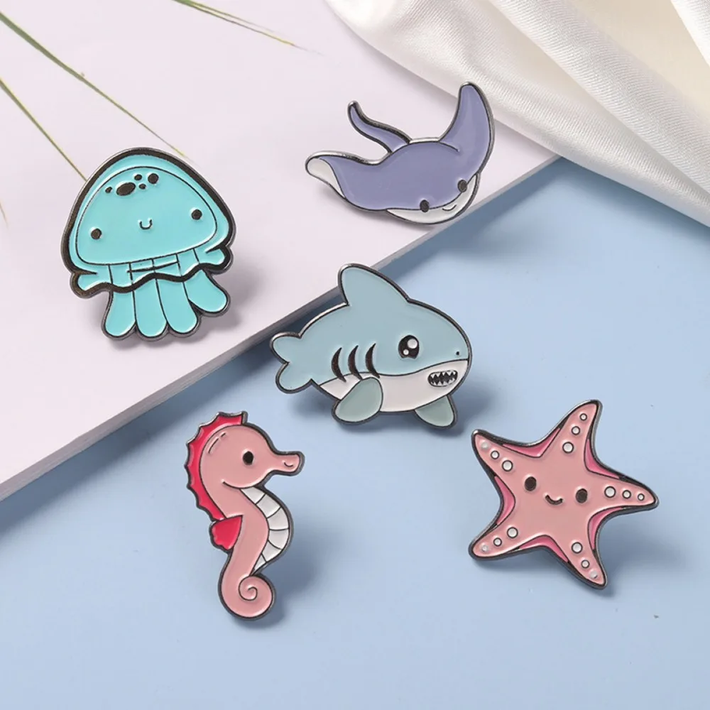 Cartoon Marine Animal Alloy Brooch Starfish Seahorse Shark Jellyfish Clothing Shirt Decoration Accessories Gift Badge Pins Toy