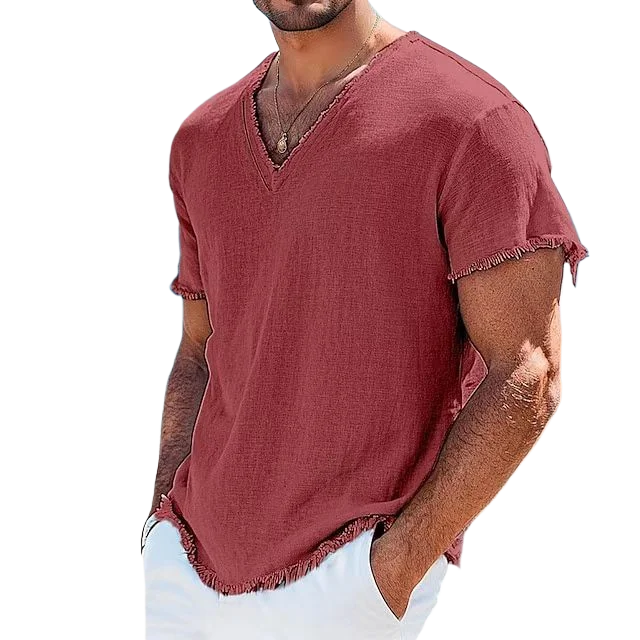 2026 Men's Summer Shirt Men's Retro V-Neck Cotton Linen Shirt Hawaii Casual Short Sleeve Beach Tops Outdoor Vacation Shirt