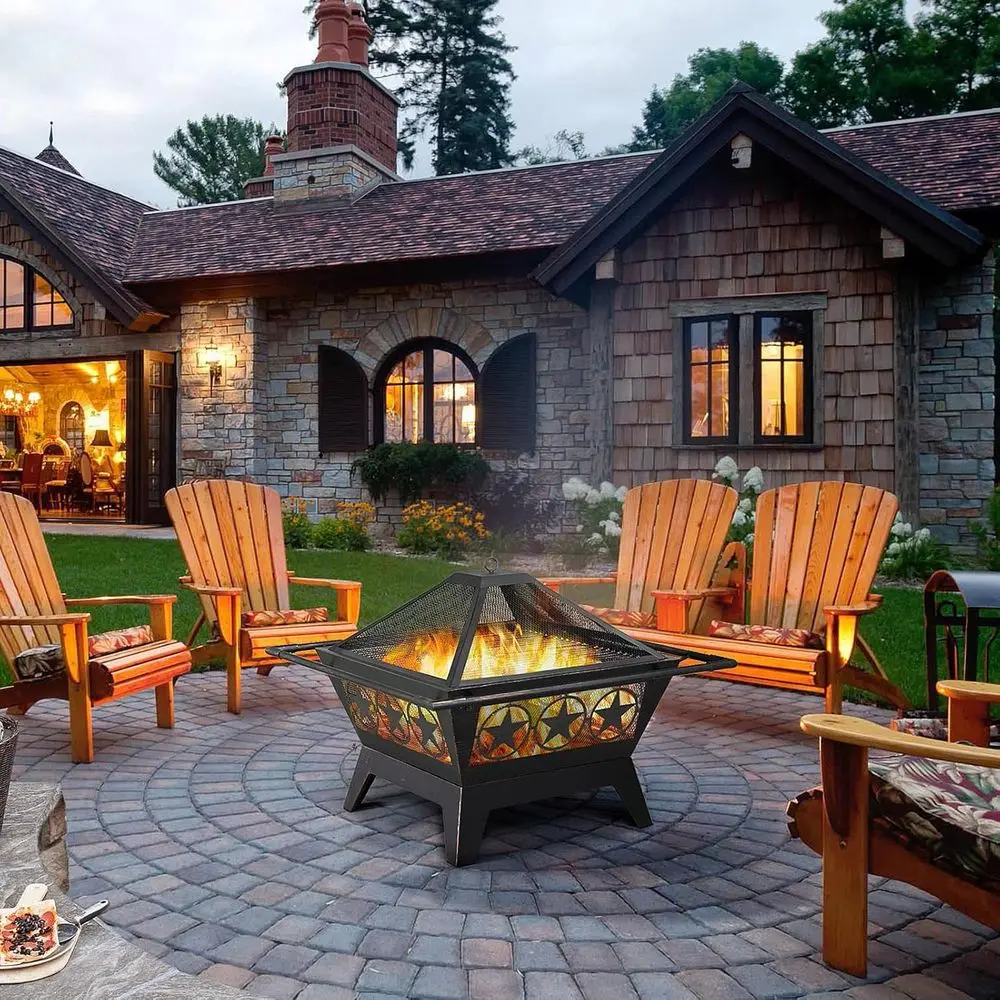 حفرة نار كبيرة مربعة لحرق الخشب في الهواء الطلق مع شاشة شرارة، غطاء شبكي، بوكر للفناء والشواء وحرائق التخييم #3
