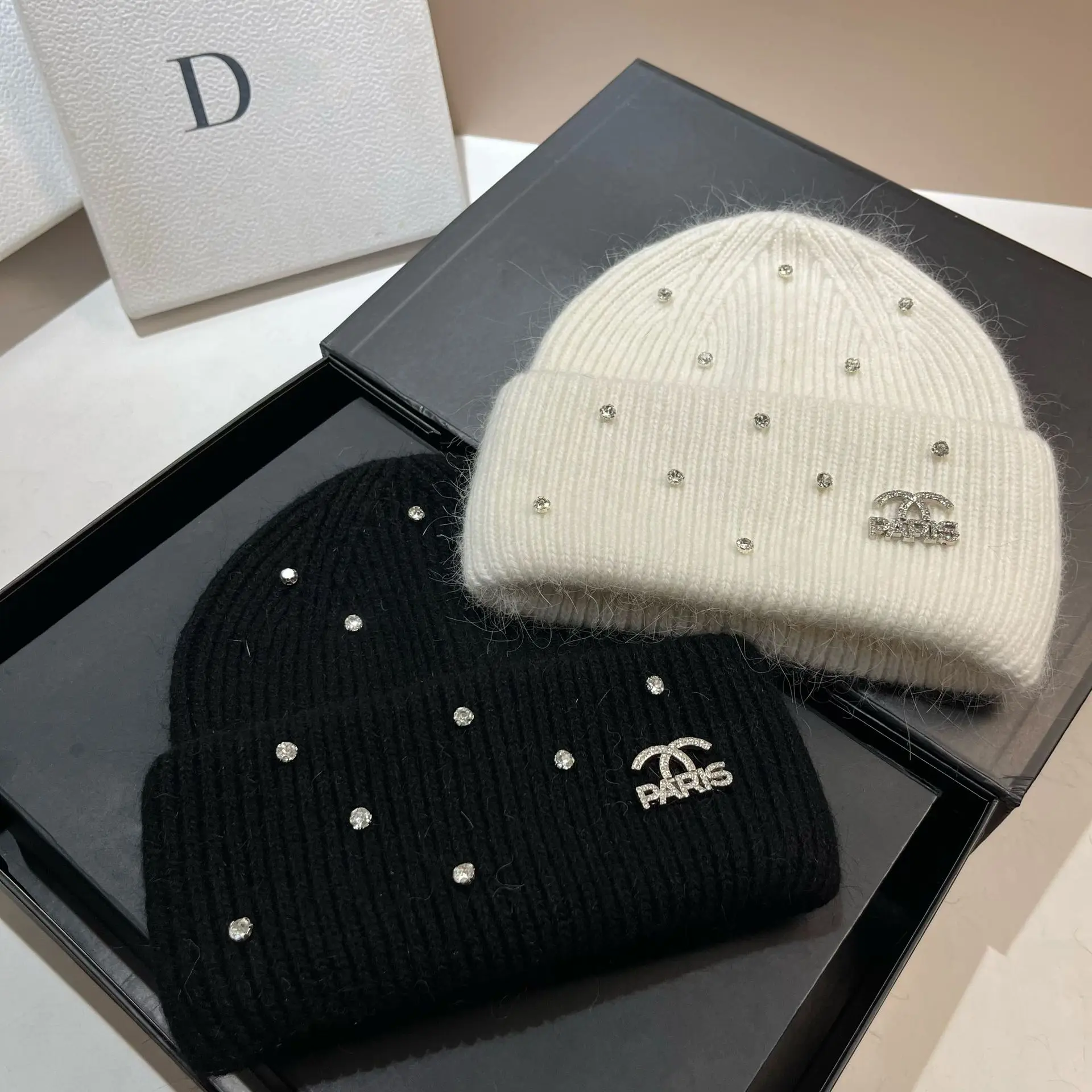 Rabbit Hair Full Diamond Knitted Hat Winter New Item Light Luxury Niche Warm Versatile Ear Protection Hat For Women