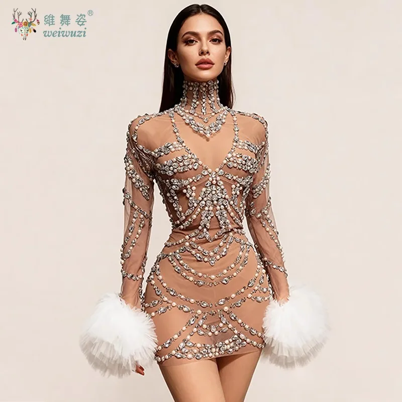 

New Luxury Women's Sparkly Diamonds Pearl Mesh Long Sleeve Bodycon Evening Prom Dress Sexy Transparent Nightclub Evening Dress