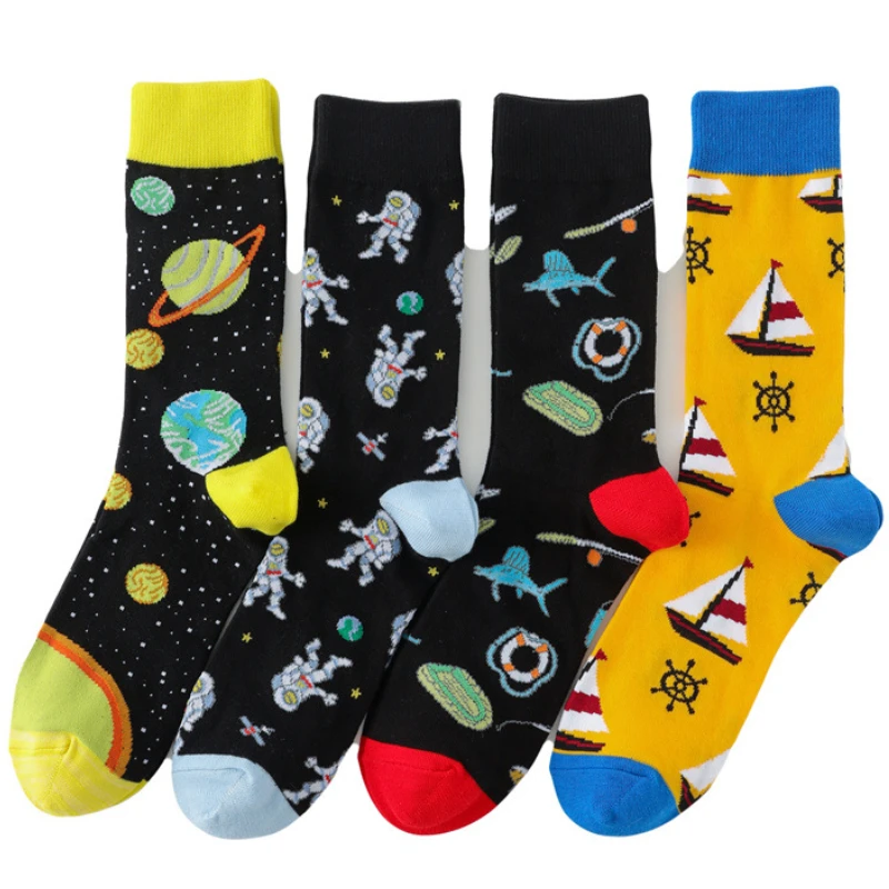 Happy Funny Men Socks Combed Cotton Skateboard Painting Space UFO Astronaut Ship Crew Socks Casual High Quality