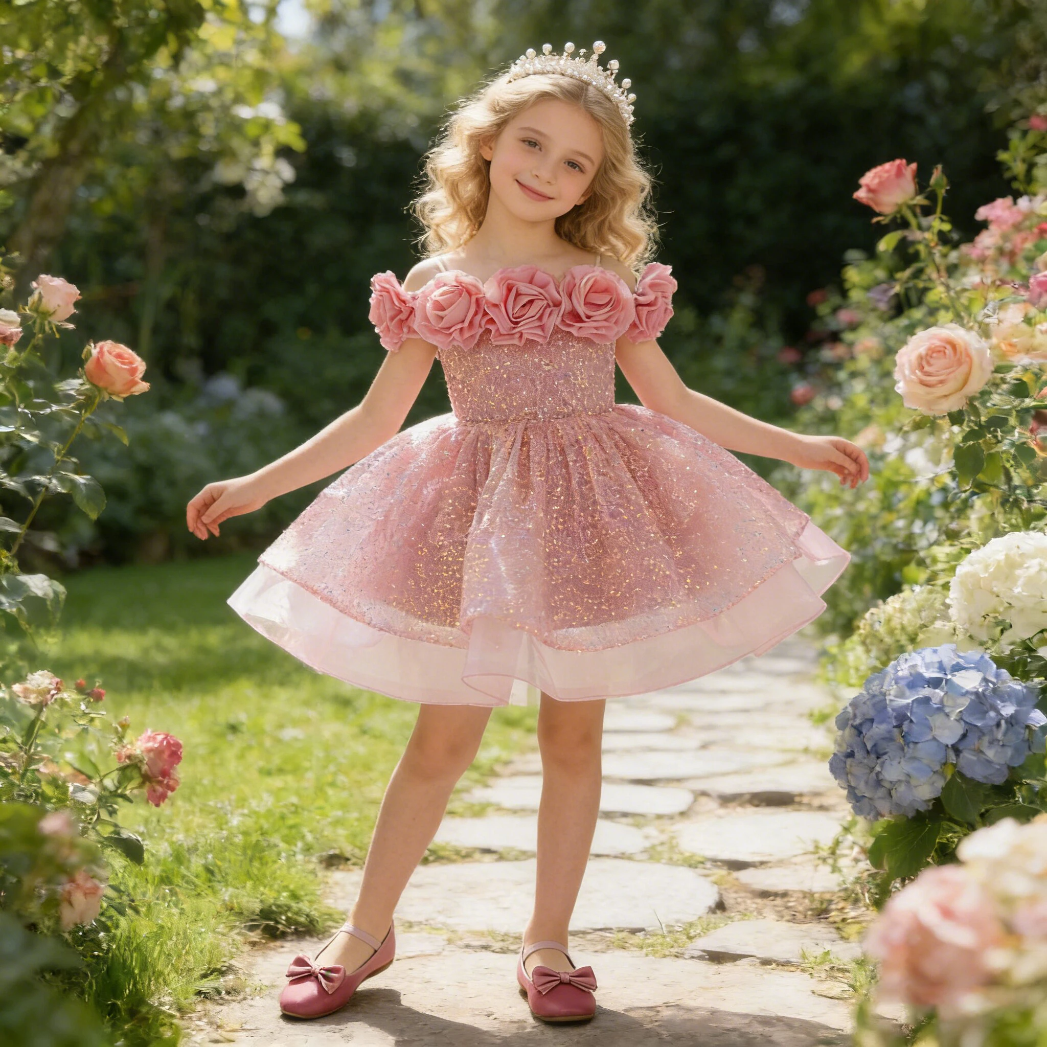 Modisches Kleid mit Großer Blume für Brautjungfern Elegantes Tüll-Hochzeits-Geburtstags-Prinzessinnenkleid Mädchen Tauf- Festkleid Ballkleid