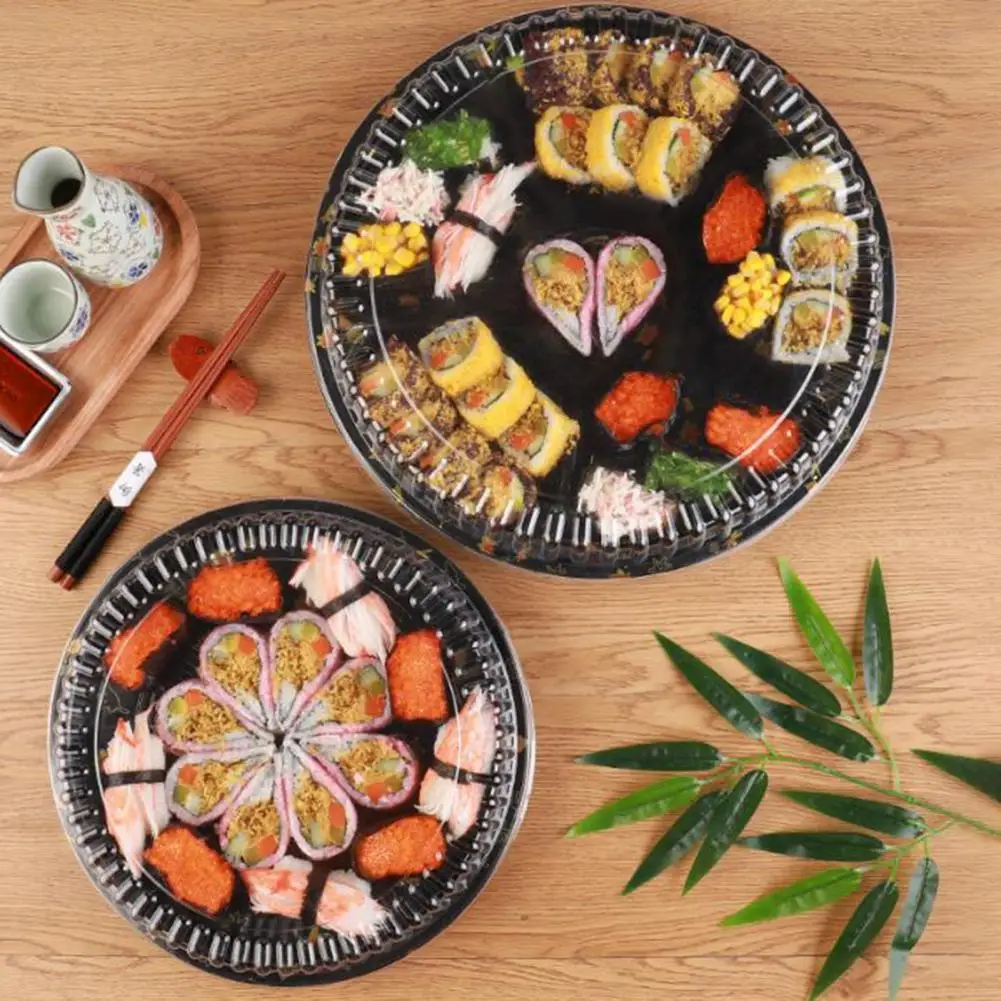 10Pcs Round Sandwich Platter Trays with Lids Clear Pattern Printed Food-grade Durable Elegant Catering Trays Sushi Box