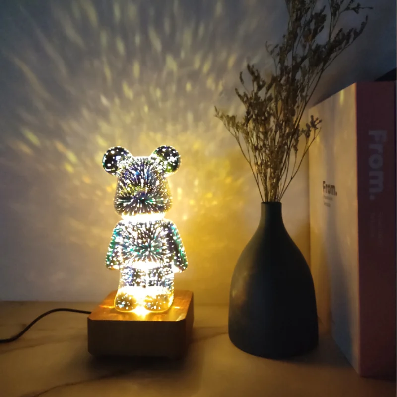 3D Fireworks LED Night Light Bear Ambient Light 3 Color Changing Modes Desk Lamp with USB Bear Decor Room