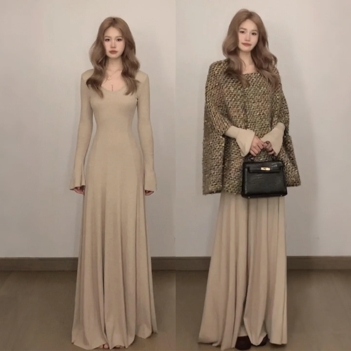 

Early Autumn Women's Knitted Long Sleeve Dress V Neck Slim Fit A Line Style for Petite Figures Minimalist Elegant Maxi Dress