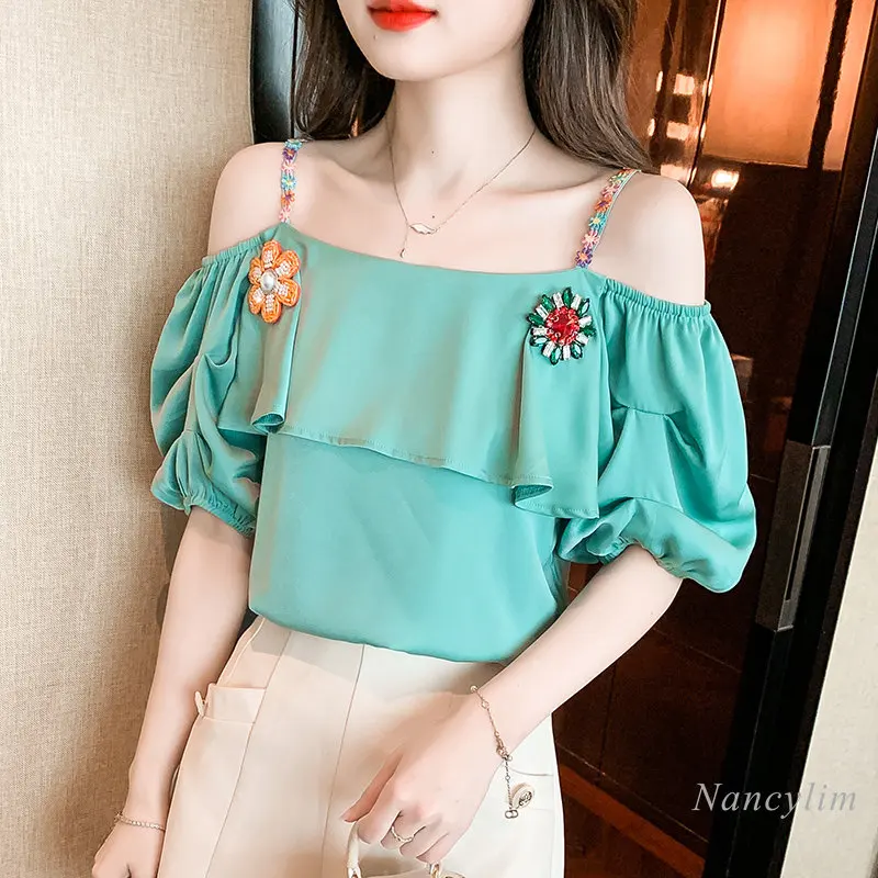 2023 Summer Women\'s Vacation Blouse New Ruffled Sweet Fresh Off-Shoulder Embroidered Chiffon Shirt Sling Top Green Blusas