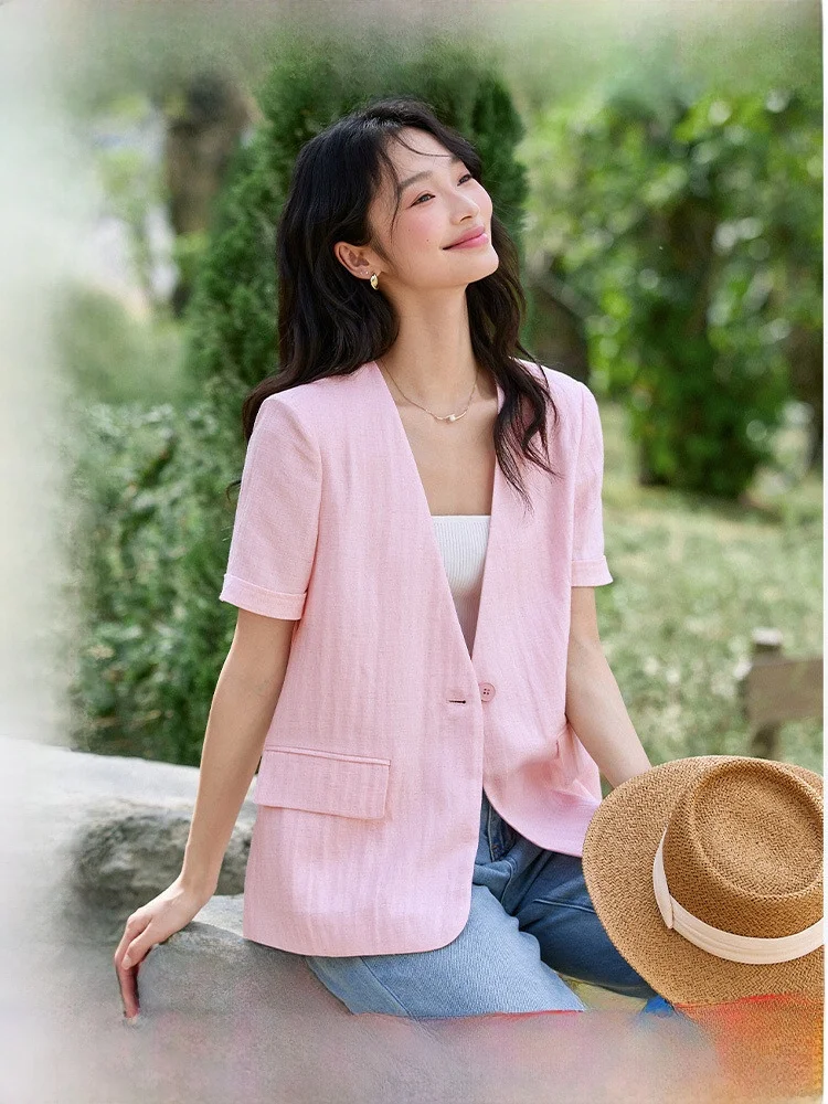 

Fashionable Pink Suit Jacket Women's Summer 2026 New One Button V Neck Commute Top Short Sleeve Classic Color Pure Style