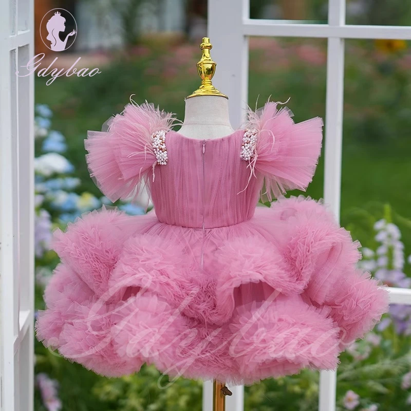 Pink Purple Flower Girl Dress for Wedding Applique Puffy Sleeveless Tulle Princess Kids Birthday Party First Communion Ball Gown