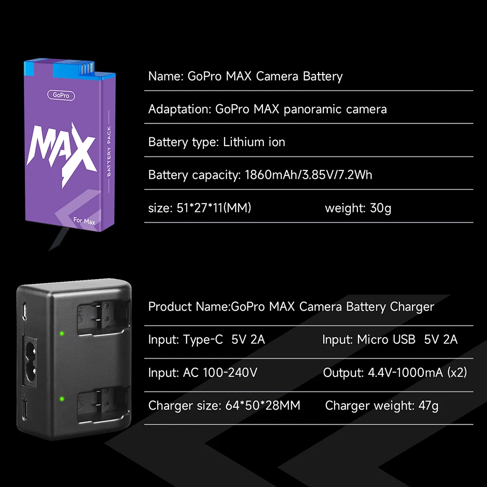 Gopro Max Go Pro Battery Dual Charger + 1860mAh Battery for GoPro Hero Max 360 Action 360 Panoramic Camera Batteries Accessories