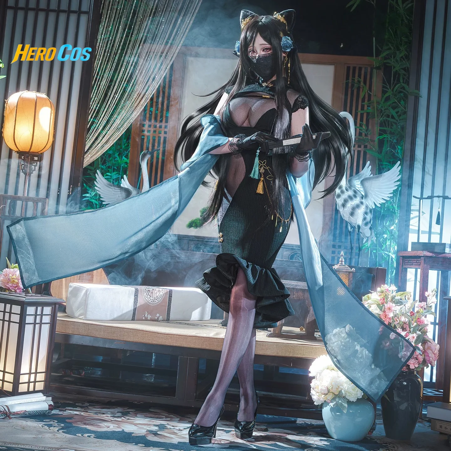 

Game Azur Lane Hai Chou Cosplay Costume Black Cheongsam Halloween Party Dress Suit Full Set HERO Cos