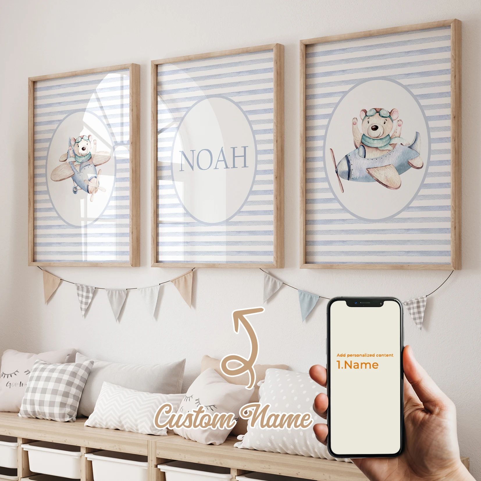 

Modern Personalized Name Custom Teddy Bear Pilot Plane Wall Art Print Canvas Painting Poster Picture For Living Room Home Decor