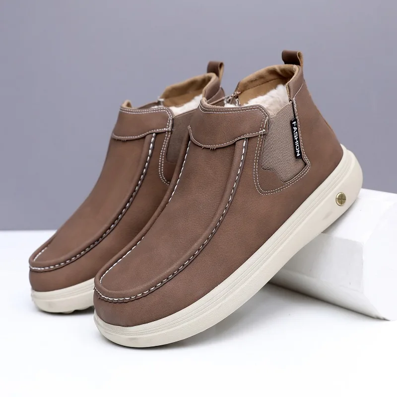 Men Winter Warm Ankle High Top Boots Fleece Lined Slip On Elastic Side Thick Sole Non-slip Outdoor Comfortable Winter Footwear