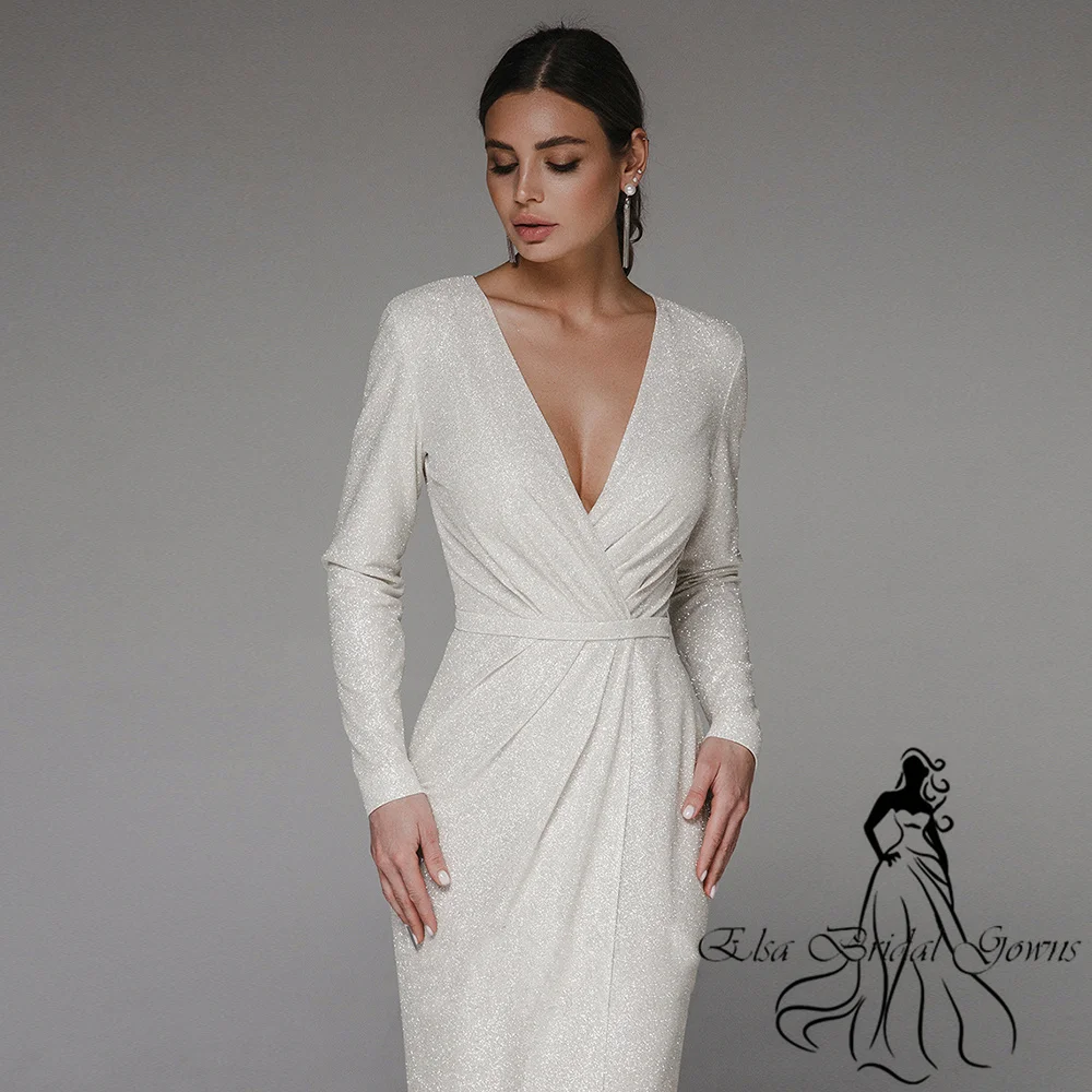 Vestidos de novia personalizados, recién llegados, cuello en V, mangas largas simples, vestido de novia con lentejuelas, vestidos de fiesta elegantes de sirena con abertura lateral