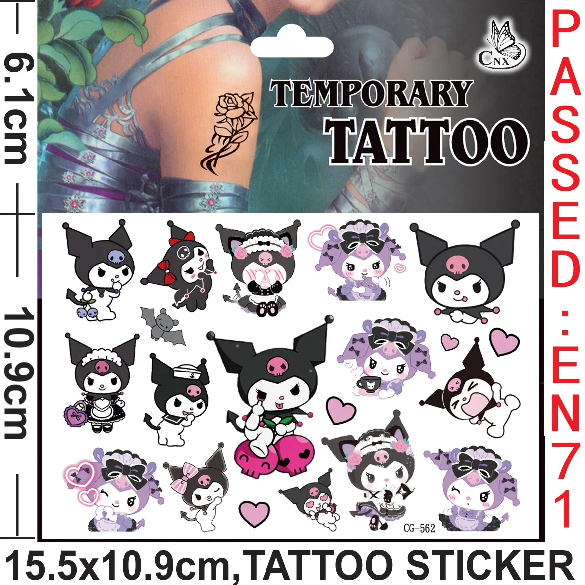 Pegatinas de tatuaje de Kuromi para niñas, calcomanías de dibujos animados de Sanrio kawaii, tatuaje temporal a prueba de agua, juguete de regalo de