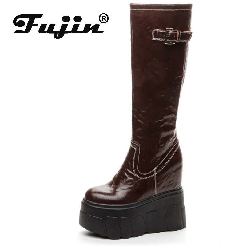 Fujin 14cm 2024 Synthetic Patent Microfiber Leather Platform Wedge Women Boots Spring Knee High ZIP Fashion Autumn Booties Shoes