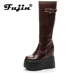 Fujin 14cm 2024 pelle sintetica in microfibra verniciata piattaforma zeppa stivali da donna primavera ginocchio alta ZIP moda autunno stivaletti scarpe