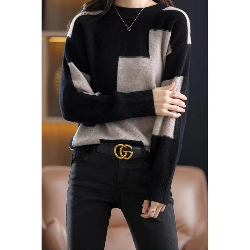 Autumn Winter Contrast Color Pullover Sweater Lady Loose Casual Fashion All-match Knitting Jumpers Ladies Oversized Bottomed Top