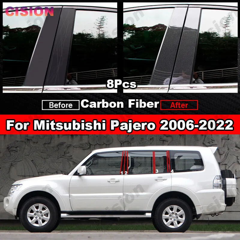 Black Car Window Door Column BC D Pillar Post Cover Trim Mirror Effect PC Sticker For Mitsubishi Pajero Montero Shogun 2006-2022