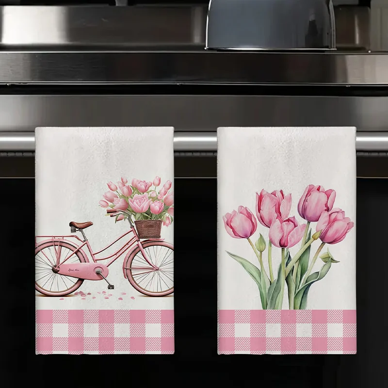 2Pcs, Pink Tulip and Spring Bicycle Kitchen Towels, 40Cm*60Cm Towel Set, Super Absorbent Soft Cleaning Cloth, Cooking and Baking Tea Towel, Hand Towel, Cleaning Cloth, Dishcloth, Kitchen Decoration, Living Room Decoration, Kitchen Essentials, Home Essentials