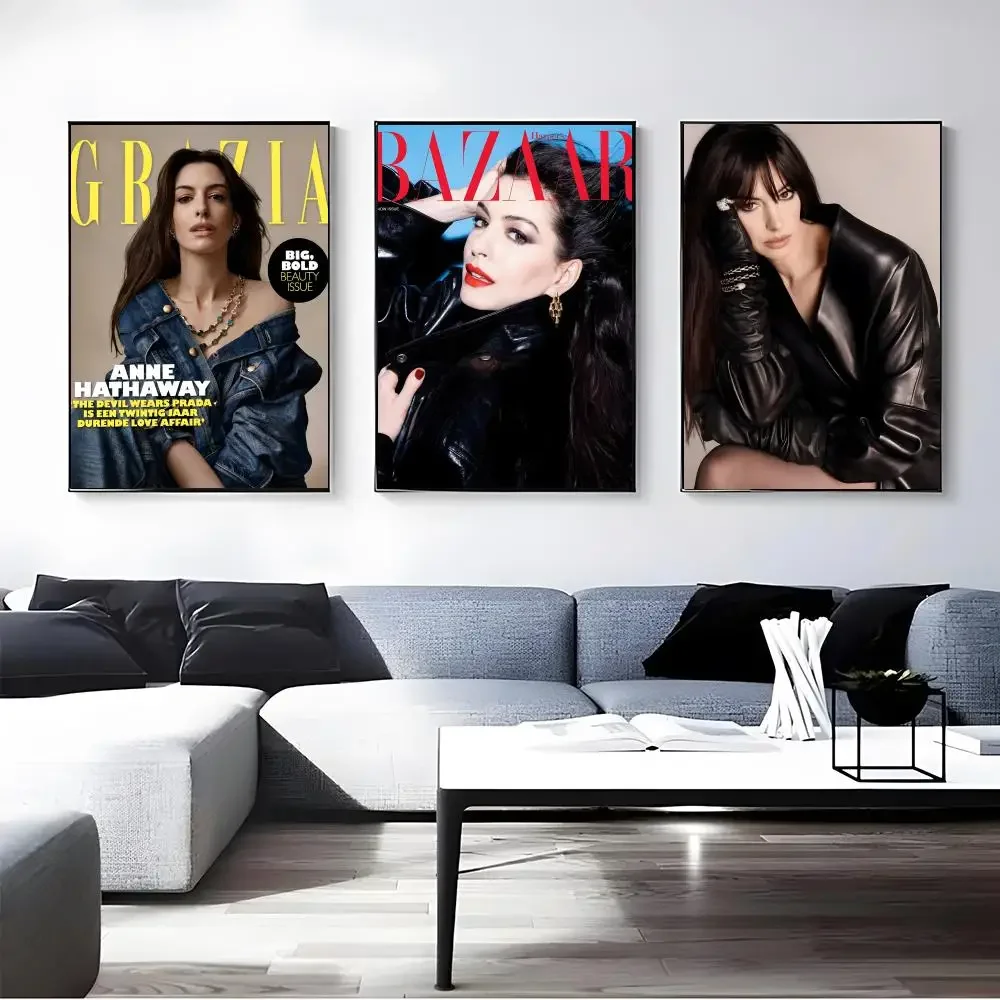 Actor Anne Hathaway Poster Self-adhesive Art Waterproof Paper Sticker Coffee House Bar Room Wall Decor
