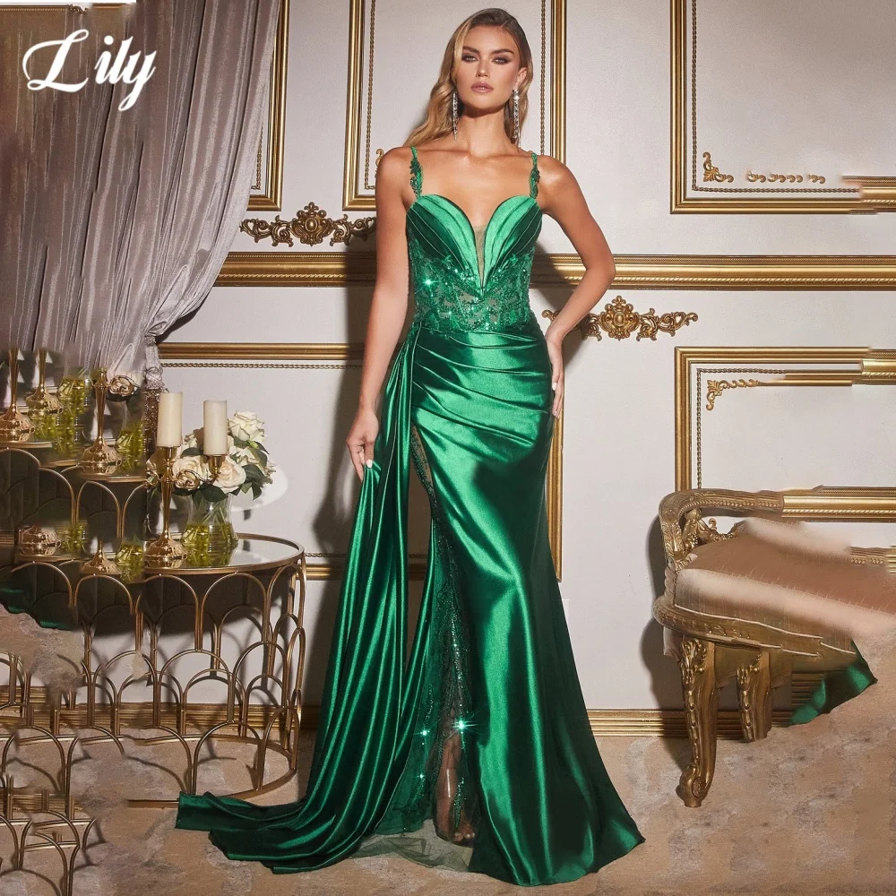 

Lily Green Sexy Prom Dress Satin Deep V-Neck Hollow Prom Gown with Fishbone Shiny Lace Side High Split Formal Dresses Customized