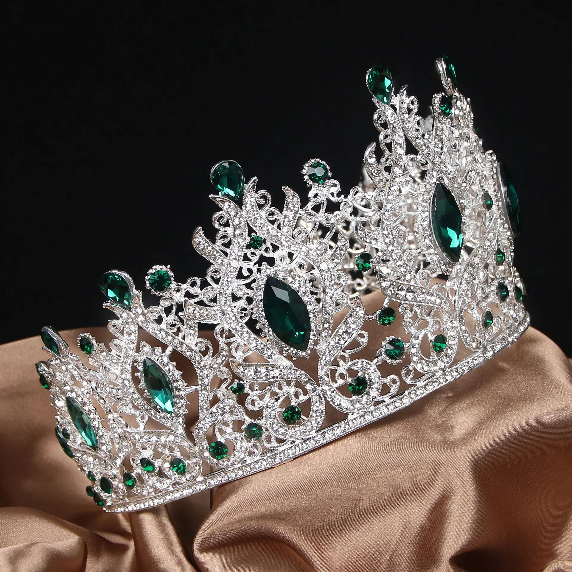 Silver Filigree Emerald Green Rhinestone Queen Crown Tiara, Vintage Hollow Crystal Bridal Headpiece