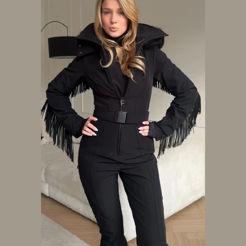 رشاقته قطعة واحدة بدلة تزلج النساء فو الفراء مقنعين شرابات معطف عالية حزام خصر بذلة 2025 الشتاء يندبروف مقاوم للماء ملابس التزلج