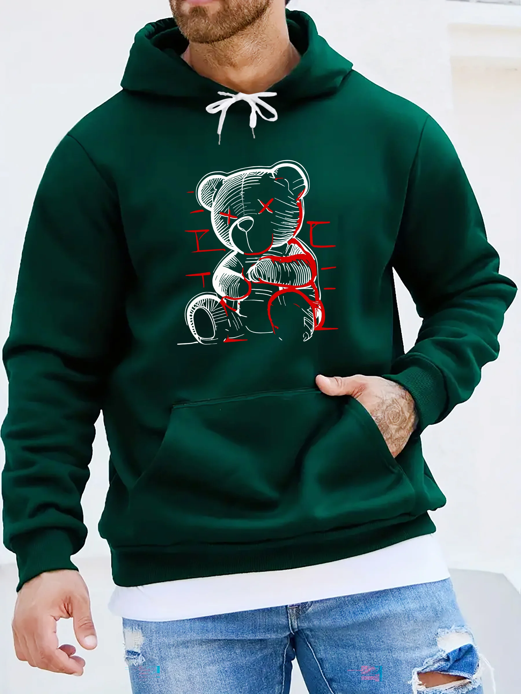 

Men's Casual Printed Hoodie with Teddy Bear Design - Knit Fabric with Slight Stretch, Regular Fit