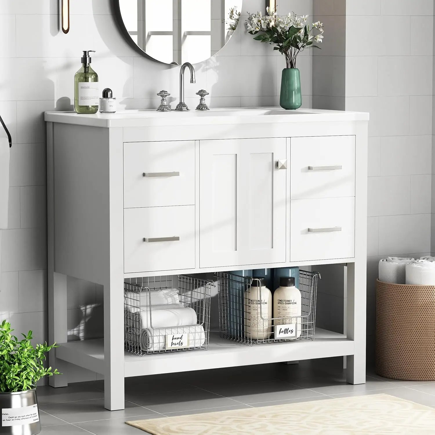 36'' Single Sink Vanity Solid Wood Frame 2 Outlets USB-C Port 4 Drawers Open Shelf White Customized