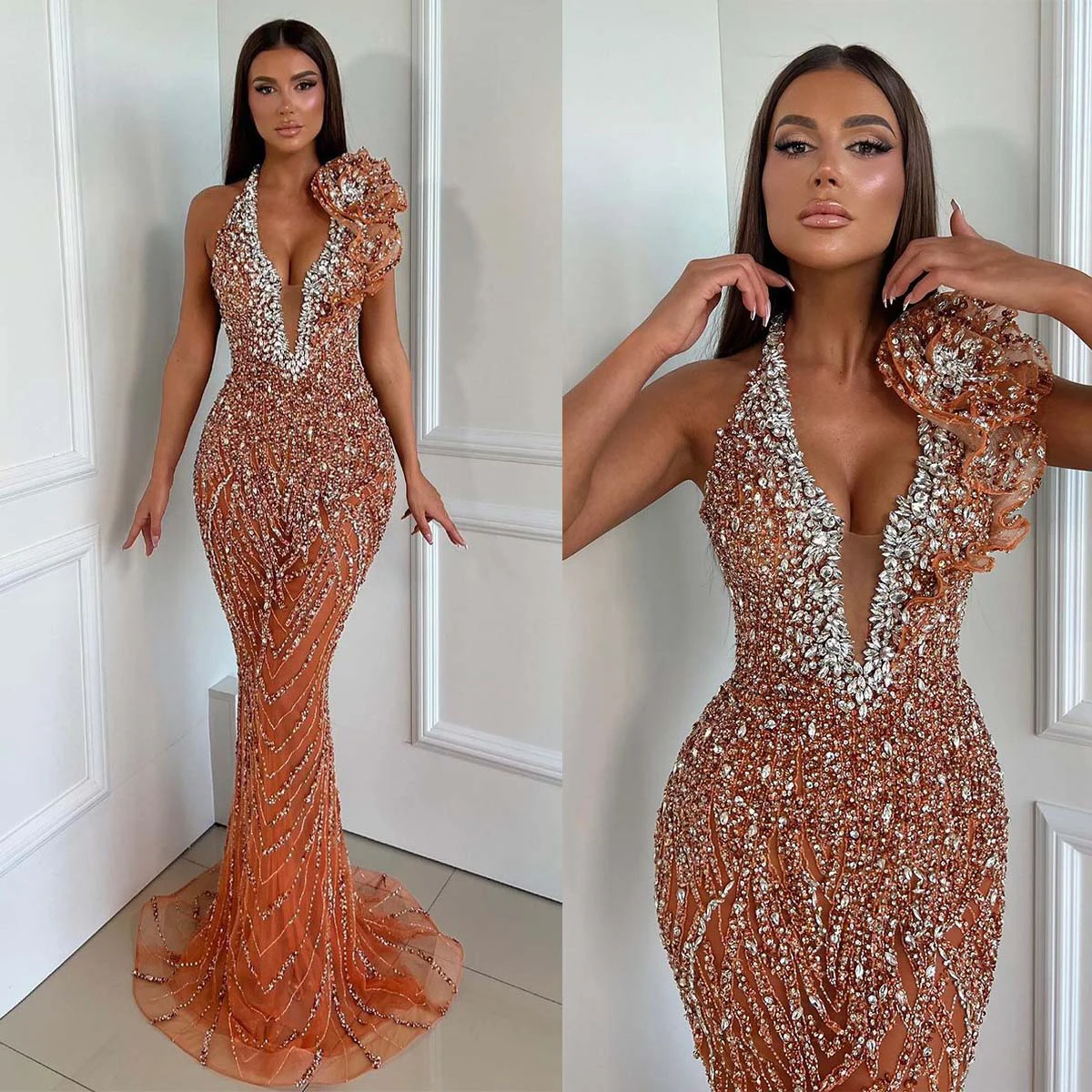 

Sexy Crystal Sequined Beading Prom Dresses Halter Sleeves Illusion Mermaid Evening Gowns Custom Made Robe De Soirée