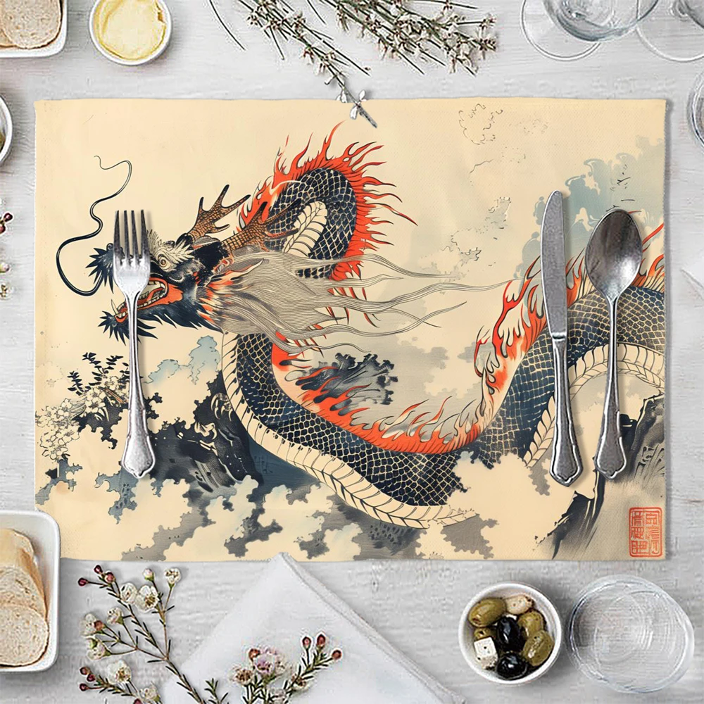

Ukiyo-e Dragon Pattern Linen Placemat, Chinese Dragon Print, Artistic Table Mat, Kitchen Home Heat-Resistant Mat (1 Piece)