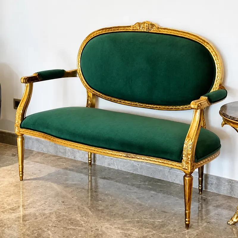 Solid Wood Gold Neoclassical Carved Double Sofa Luxury Leisure Club Hotel Furniture Vintage Style Couch for Living Room Decor