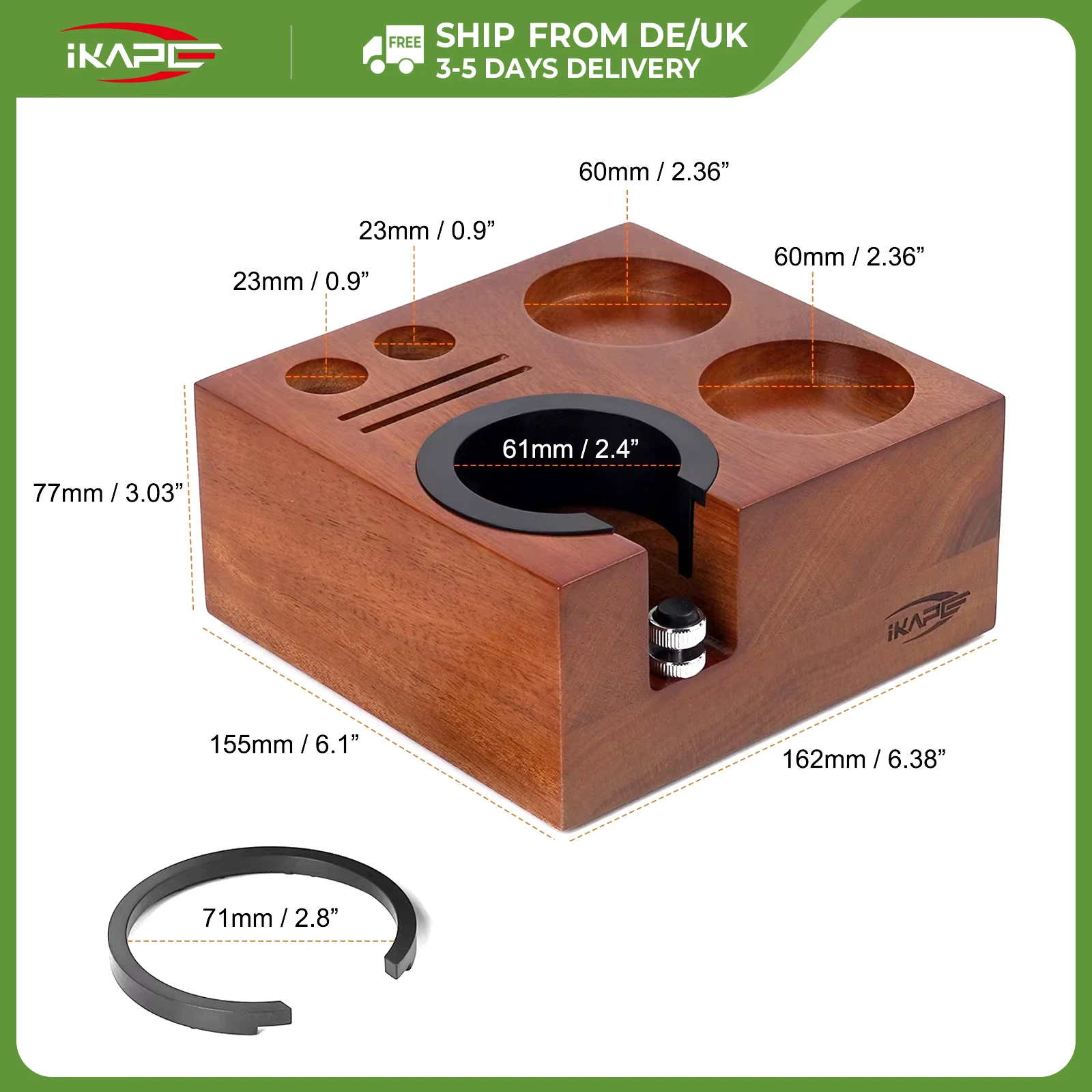 IKAPE Espresso Tamper Holder, 7 in One Wooden Coffee Tamper Station Base Natural Walnut Espresso Tamp Mat Stand fit 51/54/58mm