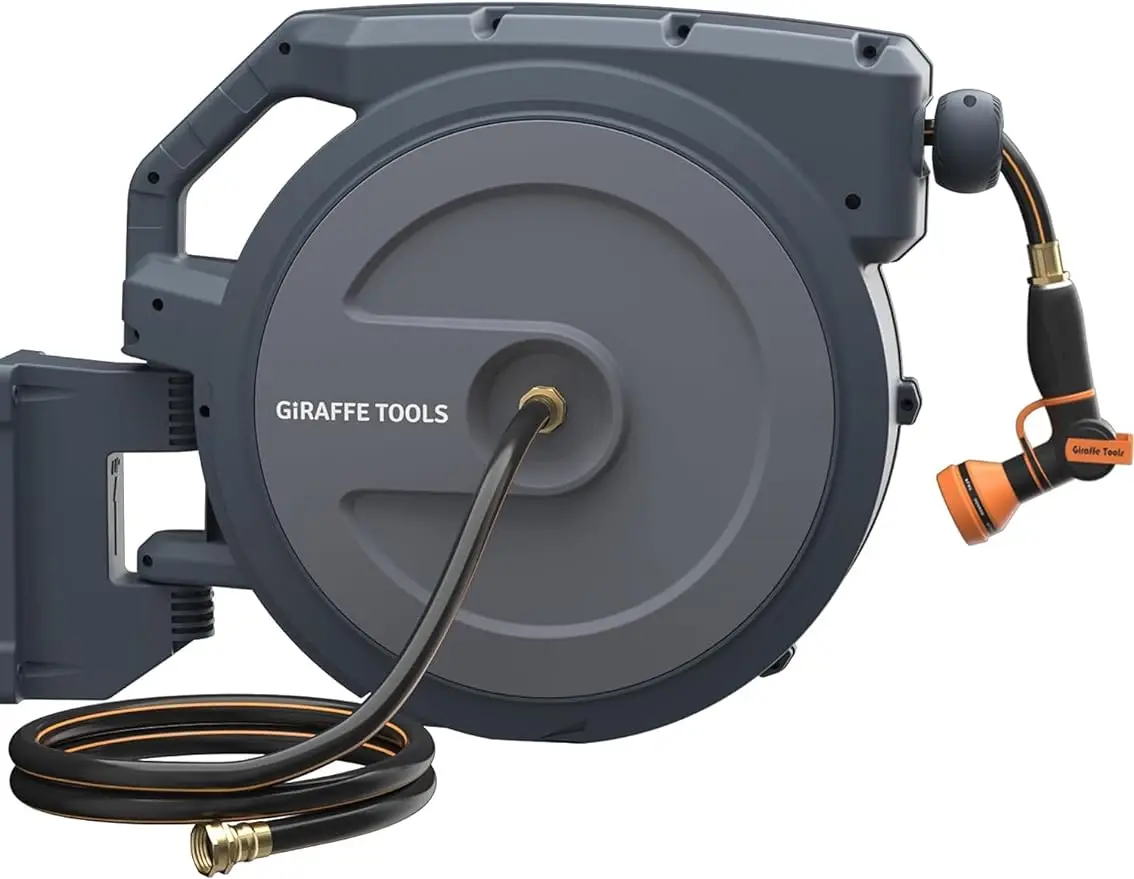 

Giraffe Tools AW405/8 Retractable Hose Reel 5/8" x 90 ft Wall Mounted Garden Hose Reel Heavy Duty, Automatic Rewind, 180 Deg Swi