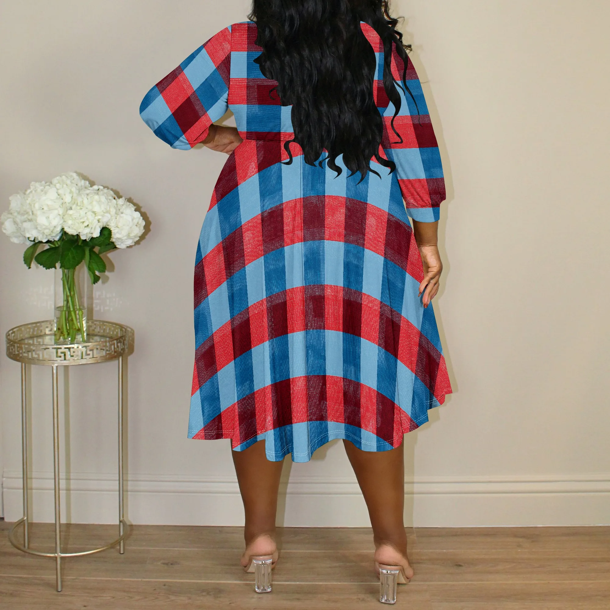 Buffalo Plaid Wrap Dress XL-6XL – Plus Size Red Blue V-Neck Midi for Christmas, Fall Gatherings or Holiday Photos