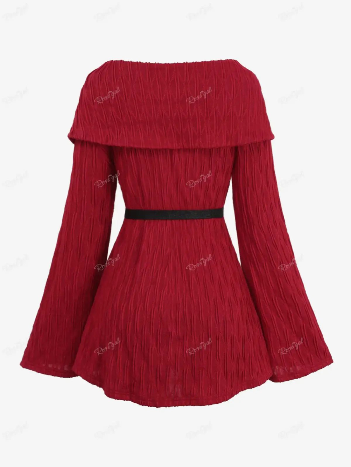 ROSEGAL Plus Size Deep Red Sweaters Buttons Split Turn Down Collar Textured Floral Buckle Belt Bell Sleeve Cable Knit Sweater 4X