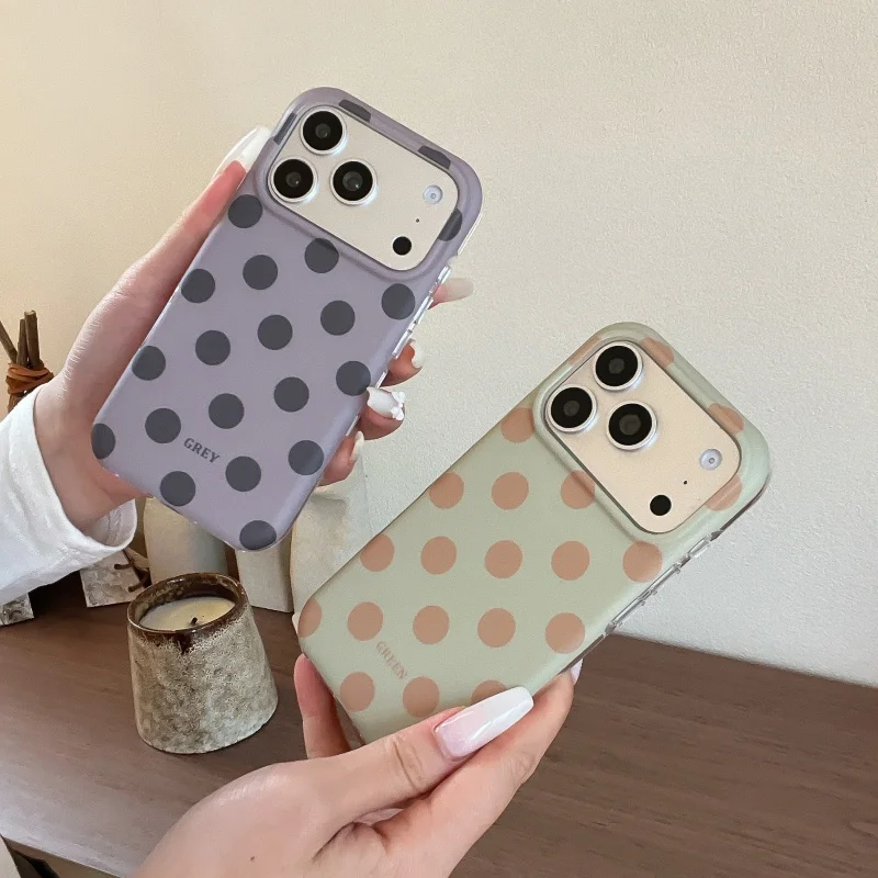 Coque de téléphone portable IMD anti-chute à motif de points mignons et couleur unie pour iPhone 17, 16, 15, 14, 13, Pro, Pro Max