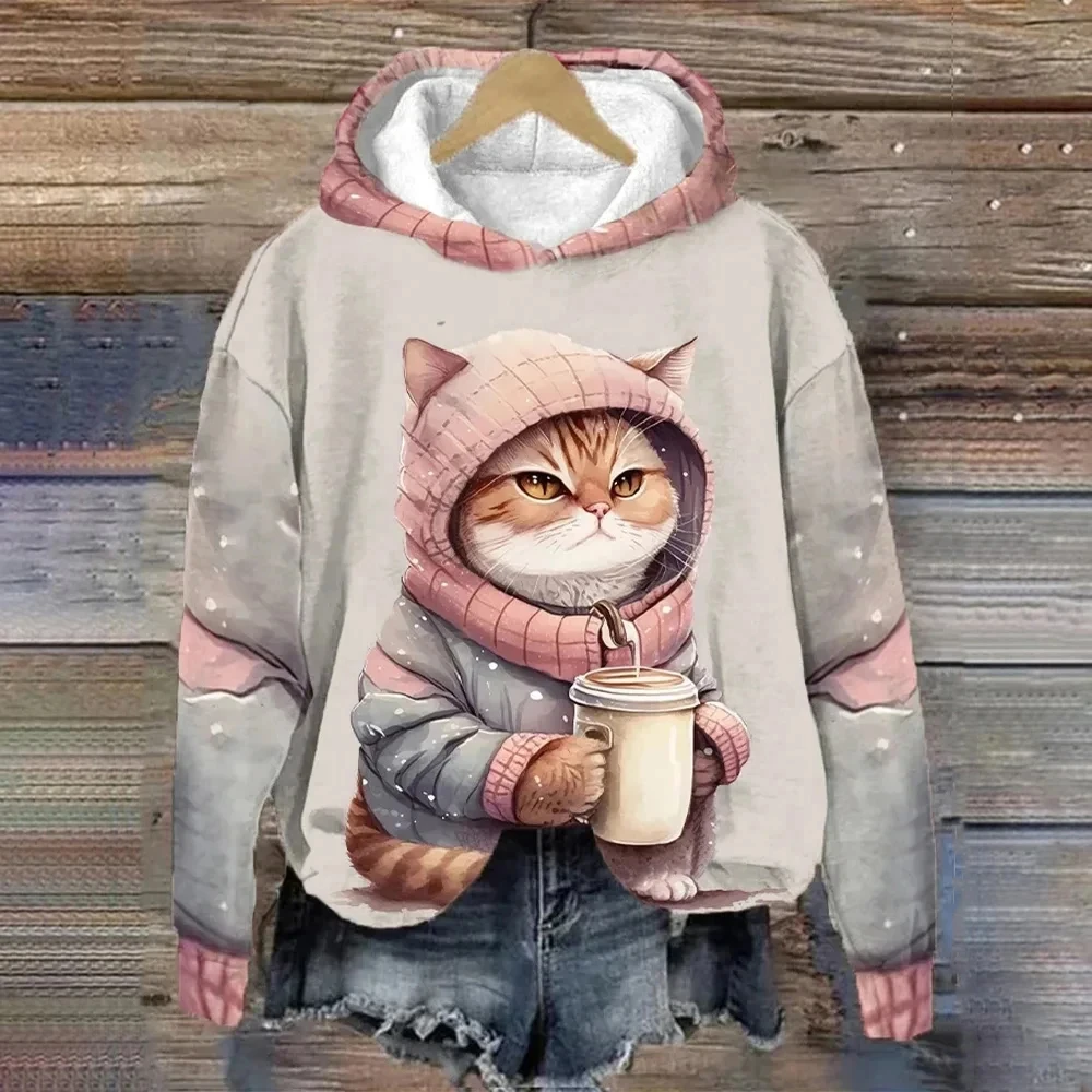 Women\'s Hoodies Funny Kawaii Cat Animals Print Hoodie For Women Sweatshirts Female Clothes Casual Cute Pullover Woman Sweatshirt