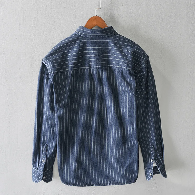 Vintage Long Sleeve Denim Shirt Men Casual Japan Cargo Shirt Striped Pocket Designer Shirt Fashion Streetwear Loose Jean Shirts