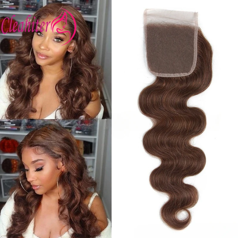 Light Brown Body Wave 4x4 Lace Closure Pre-Plucked Brazilian Remy Hair 150% Density Pre-Plucked Full End Transparent Swiss Lace