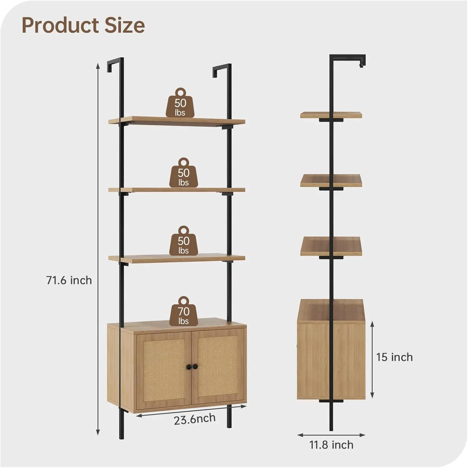 Ladder Bookshelf, 4 Tier Book Shelf with Rattan Cabinet, Wall Mount Bookshelves and Bookcases with Metal Frame, Anti Dump, Tall