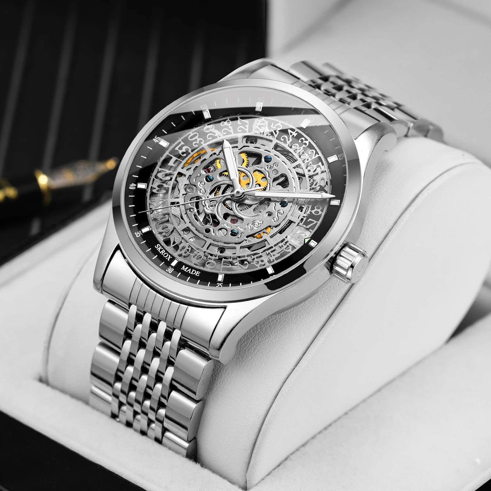 Original Brand SKROX Luxury Man Watch Stainless Steel Strip Gold Skeleton Automatic Mechanical Waterproof Men\'s Wristwatch Clock