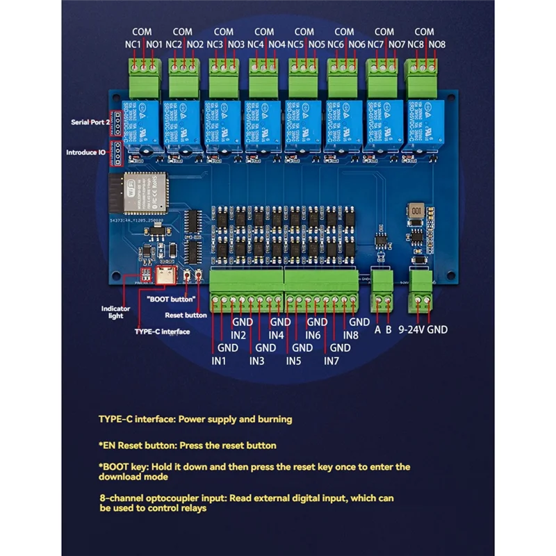 ESP32 RS485 Modbus 8-Kanal-Relaismodul 9-24 V TYPE-C mit WIFI-Bluetooth-Unterstützung für Fernbedienungsanwendungen