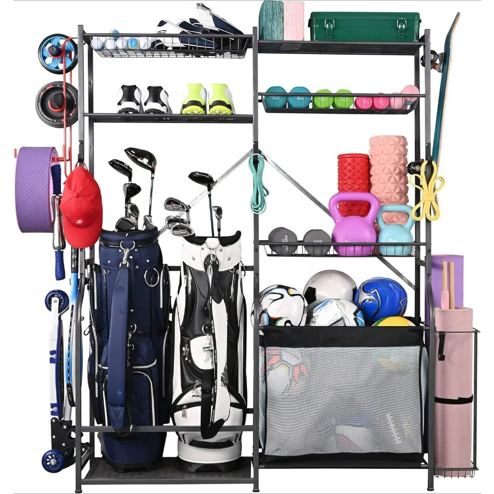 Extra Large Size Sports Storage Rack 2 Golf Bag Organizer and Other Sports Equipment Organizer for Garage Storage Racks