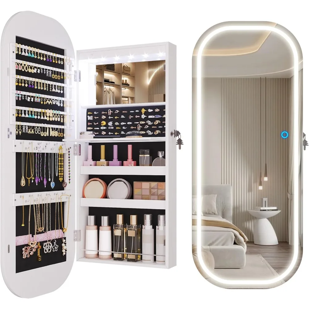 LED Mirror Jewelry Cabinet, Wall/Over Mount Jewelry Armoire Organizer, Wide Rounded Mirror with Storage, Foldable Shelf